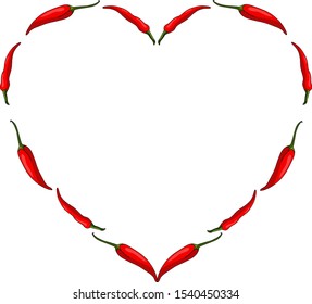 Heart frame with red hot chili peppers on white background. Vector image. 