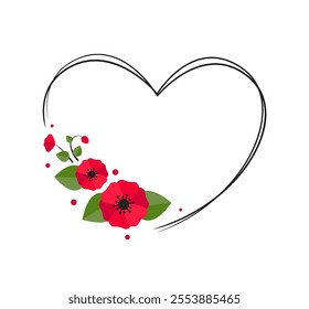Heart Frame with Red Poppies, Elegant Wreath Design for Decoration