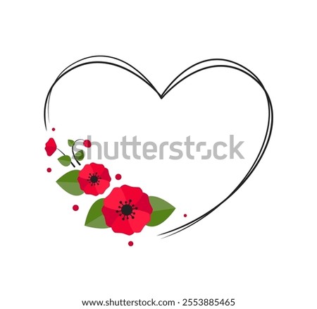 Heart Frame with Red Poppies, Elegant Wreath Design for Decoration