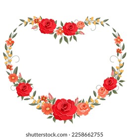 Heart frame with red roses and green leaves for valentine' s day , decoration , wedding , card