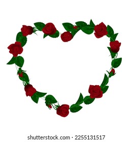 Heart frame with red roses wreath isolated on white. Vector illustration