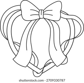Marco de corazón con lazo de cinta en línea limpia y dibujo de contorno. Borde de bucle curvado y nudo atado como Formas gráficas de contorno. Ilustración vectorial de dibujos animados