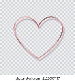 Heart frame in rose gold color with shiny sparking foil texture vector. Metal pink gold border isolated on transparent background for text and photo
