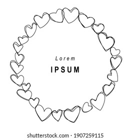 Heart Frame Round Border With Space For Text Continuous Line Drawing One Line Hand Drawn In Minimalistic Doodle Style Isolated Valentines Day Romantic Collection Background Vector Illustration.