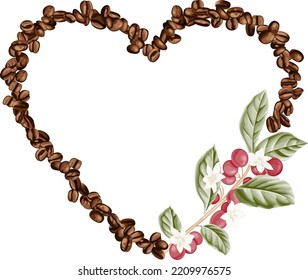 Heart frame shaped coffee beans and leaves
