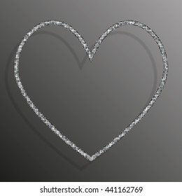 Heart frame silver sequins, glitters, sparkles, paillettes. Valentine day with shiny sequins. Silver dots glitter texture light music. Metallic glowing cloth. Bright frame, banner, background. Repeat.
