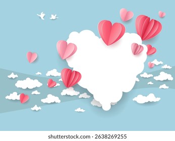 Heart frame in a sky. Paper cut and craft style. Vector love illustration for making invitations, greetings, advertisements, posters, announcements and so on