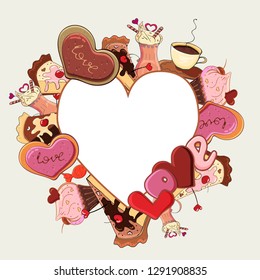 Heart frame with sweets,candies and yummy chocolate desserts. Appetizing tasty sweets with romantic decorating. Traditional symbols for romantic date, Valentines Day. Colorful hand drawn sketch