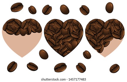 Heart frame or template made from roasted coffee bean on a black and beige background. Heart partially and completely filled by seed. Vector hand drawn illustration, isolated.