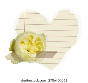 Quadro de coração com papel de caderno rasgado e flor de rosa. Elemento para scrapbook e colagem
