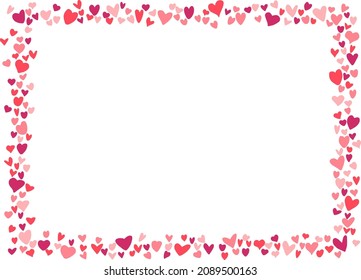 Heart frame for Valentines day. Abstract love background for your Valentines Day greeting card design. Red and rose Hearts horizontal frame isolated on white background. Vector illustration.