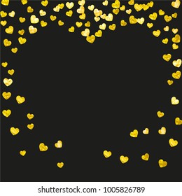 Heart frame for Valentines day with gold glitter. February 14th day. Vector confetti for heart frame template. Grunge hand drawn texture. Love theme for flyer, special business offer, promo.