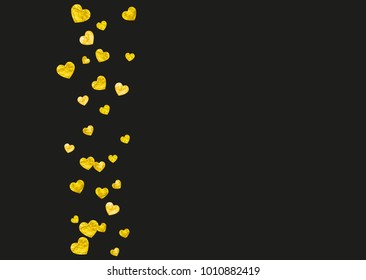Heart frame for Valentines day with gold glitter. February 14th day. Vector confetti for heart frame template. Grunge hand drawn texture. Love theme for gift coupons, vouchers, ads, events.