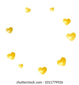 Heart frame for Valentines day with gold glitter. February 14th day. Vector confetti for heart frame template. Grunge hand drawn texture. Love theme for poster, gift certificate, banner.