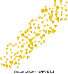 Heart frame for Valentines day with gold glitter. February 14th day. Vector confetti for heart frame template. Grunge hand drawn texture. Love theme for voucher, special business ad, banner.