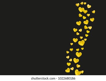 Heart frame for Valentines day with gold glitter. February 14th day. Vector confetti for heart frame template. Grunge hand drawn texture. Love theme for voucher, special business ad, banner.