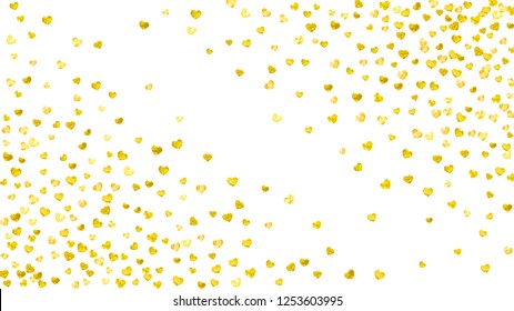 Heart frame for Valentines day with gold glitter. February 14th day. Vector confetti for heart frame template. Grunge hand drawn texture. Love theme for poster, gift certificate, banner.