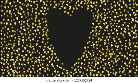 Heart frame for Valentines day with gold glitter. February 14th day. Vector confetti for heart frame template. Grunge hand drawn texture. Love theme for gift coupons, vouchers, ads, events.