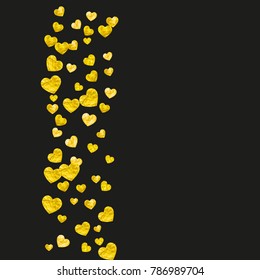 Heart frame for Valentines day with gold glitter. February 14th day. Vector confetti for heart frame template. Grunge hand drawn texture. Love theme for flyer, special business offer, promo.