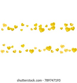 Heart frame for Valentines day with gold glitter. February 14th day. Vector confetti for heart frame template. Grunge hand drawn texture. Love theme for special business offer, banner, flyer.