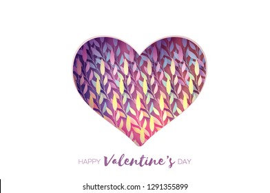 Heart frame. Valentines day Greetings card. Realistic Paper cut white flowers and leaves. Colorful Floral bouquet.