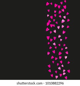 Heart frame for Valentines day with pink glitter. February 14th day. Vector confetti for heart frame template. Grunge hand drawn texture. Love theme for poster, gift certificate, banner.