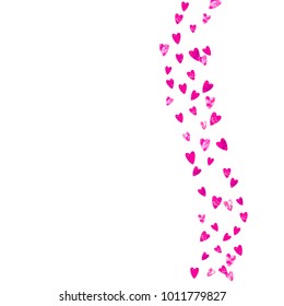 Heart frame for Valentines day with pink glitter. February 14th day. Vector confetti for heart frame template. Grunge hand drawn texture. Love theme for gift coupons, vouchers, ads, events.