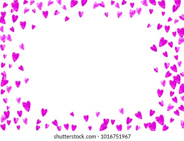 Heart frame for Valentines day with pink glitter. February 14th day. Vector confetti for heart frame template. Grunge hand drawn texture. Love theme for voucher, special business ad, banner.