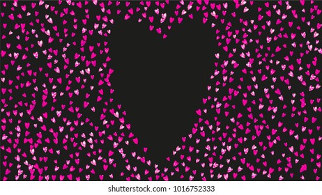 Heart frame for Valentines day with pink glitter. February 14th day. Vector confetti for heart frame template. Grunge hand drawn texture. Love theme for gift coupons, vouchers, ads, events.