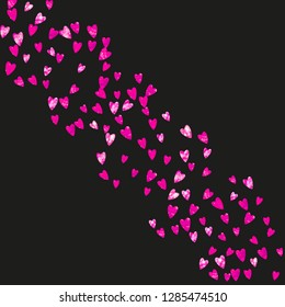 Heart frame for Valentines day with pink glitter. February 14th day. Vector confetti for heart frame template. Grunge hand drawn texture. Love theme for voucher, special business ad, banner.
