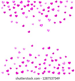 Heart frame for Valentines day with pink glitter. February 14th day. Vector confetti for heart frame template. Grunge hand drawn texture. Love theme for voucher, special business ad, banner.