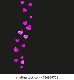 Heart frame for Valentines day with pink glitter. February 14th day. Vector confetti for heart frame template. Grunge hand drawn texture. Love theme for poster, gift certificate, banner.