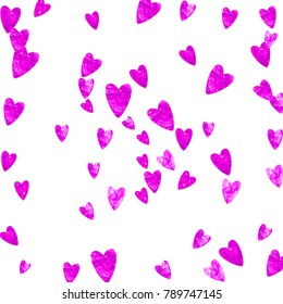 Heart frame for Valentines day with pink glitter. February 14th day. Vector confetti for heart frame template. Grunge hand drawn texture. Love theme for gift coupons, vouchers, ads, events.
