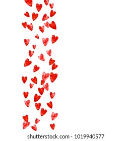 Heart frame for Valentines day with red glitter. February 14th day. Vector confetti for heart frame template. Grunge hand drawn texture. Love theme for flyer, special business offer, promo.