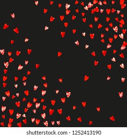 Heart frame for Valentines day with red glitter. February 14th day. Vector confetti for heart frame template. Grunge hand drawn texture. Love theme for flyer, special business offer, promo.