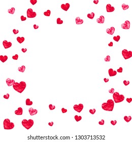 Heart frame for Valentines day with red glitter. February 14th day. Vector confetti for heart frame template. Grunge hand drawn texture. Love theme for gift coupons, vouchers, ads, events.