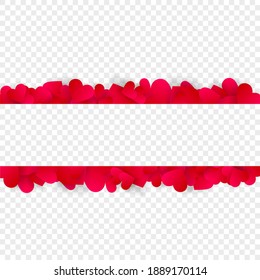Heart frame vector banner or border, love background with red hearts confetti or petals. Horizontal header footer template. Valentines day or wedding invitation isolated on transparent background 3d