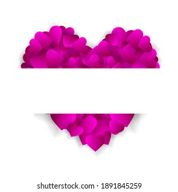 Heart frame vector border love background with 3d pink heart made of confetti or petals. Banner for Valentine day or wedding invitation template with horizontal copy space isolated on white background