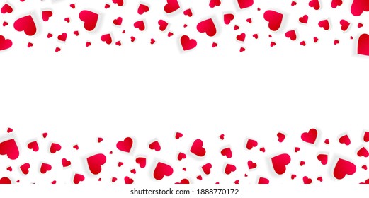Heart frame vector border Valentines day wedding invitation template, love banner, horizontal up and down bordering with falling red scatter confetti petals isolated white background, pattern, mockup
