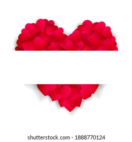 Heart frame vector love border background or 3d banner with big red heart made of confetti or petals with horizontal place for text isolated on white background. Valentines day or wedding invitation