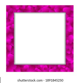Heart frame vector love border with pink petals, hearts or confetti. Valentine day wedding invitation or cover design with copy space, photo frame isolated on white background, square template