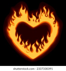 Heart frame with yellow and orange flames on a black background. T shirt design. Vector illustration