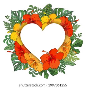 Heart frame of yellow and red tropical flowers. Heart frame for wedding invitation, St. Valentine's Day greetings.