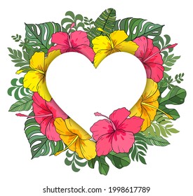 Heart frame of yellow and red tropical flowers. Heart frame for wedding invitation, St. Valentine's Day greetings.