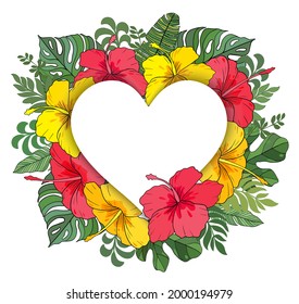 Heart frame of yellow and red tropical flowers. Heart frame for wedding invitation, St. Valentine's Day greetings.