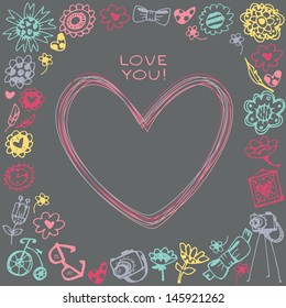 Heart frame.Gift card and sample text. Dark background. Template for design cartoon greeting card, wedding invitation, Valentines day background