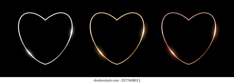 Heart frames of gold, silver and bronze colors. Thin metal photo frames isolated on black background. Design element for Valentine day. 3d realistic empty template vector illustration set.