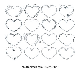 Heart frames set. Botanical valentine wreaths. Vector illustration for greeting card, wedding invitation, logo, blog, tag, label.