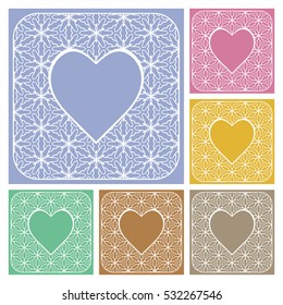 Heart frames set, openwork filigree template for Wedding Bridal, Valentine's day, greeting cards or Birthday Invitations. Decorative lace pattern. Abstract cutout heart panel border for laser cutting