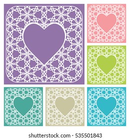 Heart frames set, openwork filigree template for Wedding Bridal, Valentine's day, greeting cards or Birthday Invitations. Decorative lace pattern. Abstract cutout heart panel border for laser cutting